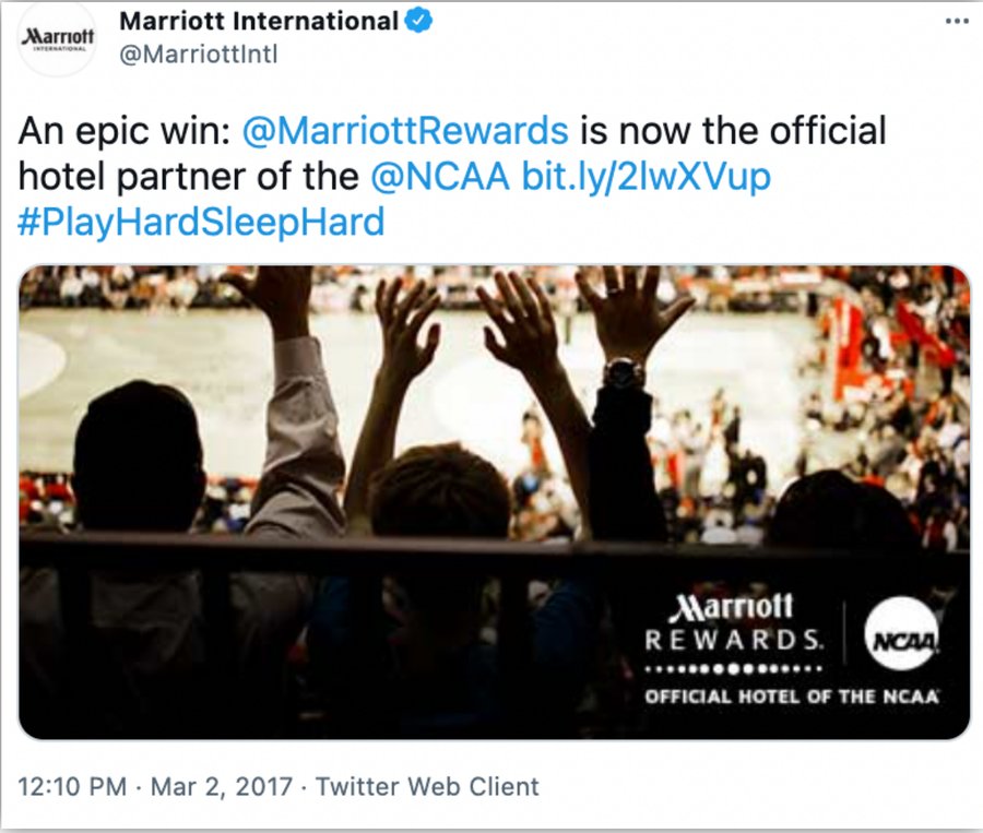 Marriott International tweet, March 2, 2017: Marriott Rewards is now the official hotel partner of the NCAA
