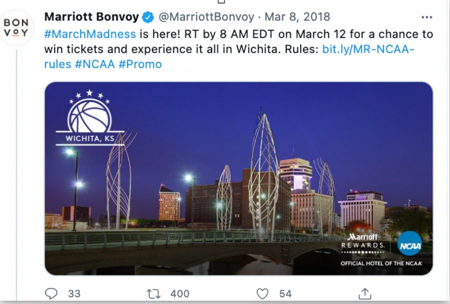 Marriott Bonvoy tweet, March 8, 2018: March Madness ticket giveaway for Wichita
