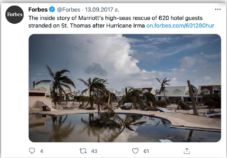 Forbes tweet linking to its account of the sea evacuation of 620 hotel guests from St. Thomas