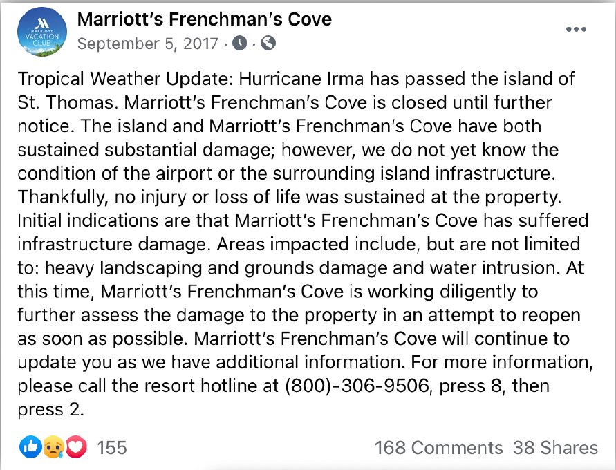 Facebook post from Marriott&rsquo;s Frenchman&rsquo;s Cove dated September 5, 2017: a plain-text tropical storm update with a phone number, no promotional imagery