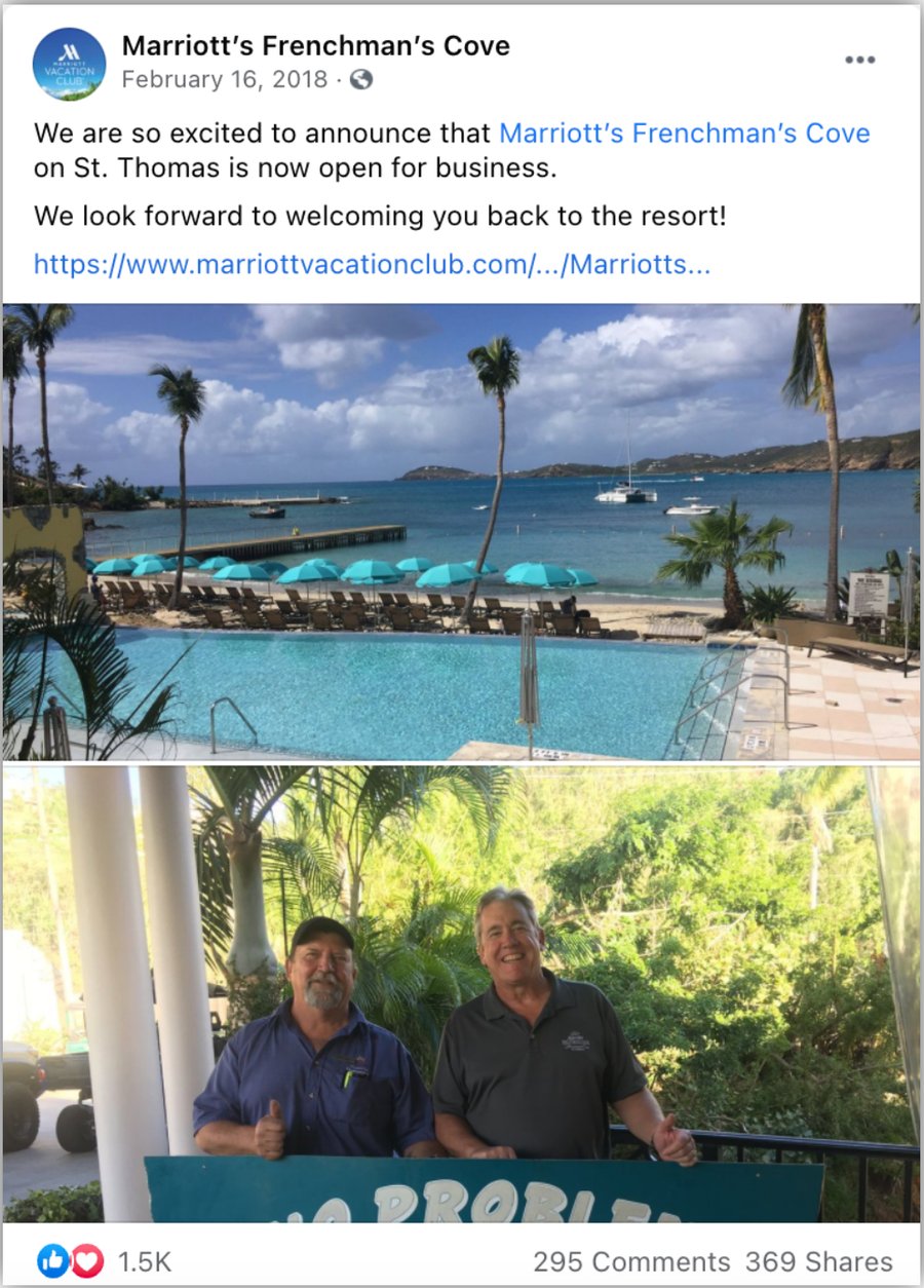 Facebook post from Marriott&rsquo;s Frenchman&rsquo;s Cove dated February 16, 2018, announcing the resort is open, with a photograph of the property