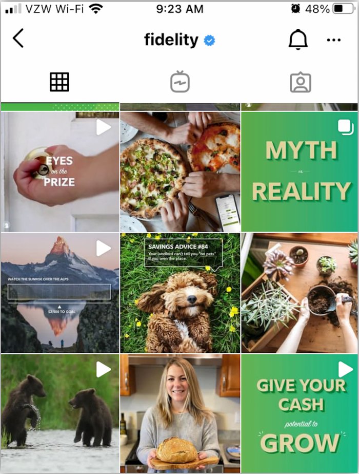 Fidelity's Instagram grid in September 2021, with savings, investing and lifestyle posts