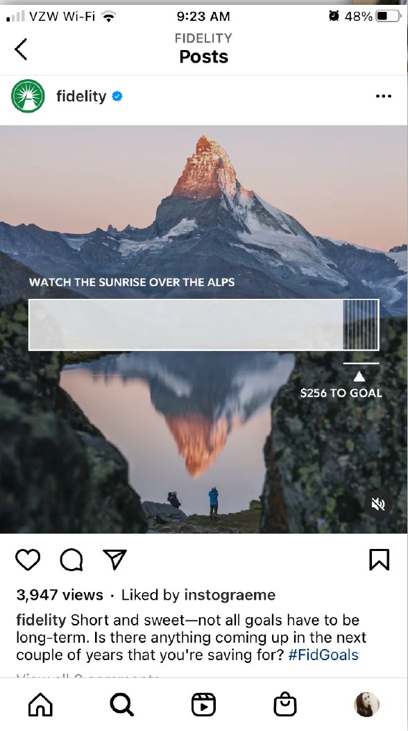 Fidelity Instagram #FidGoals post: watch the sunrise over the Alps, $256 to goal