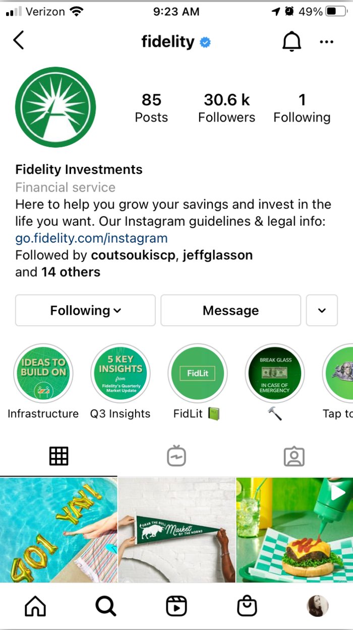 Fidelity's Instagram profile in September 2021: 85 posts, 30.6K followers