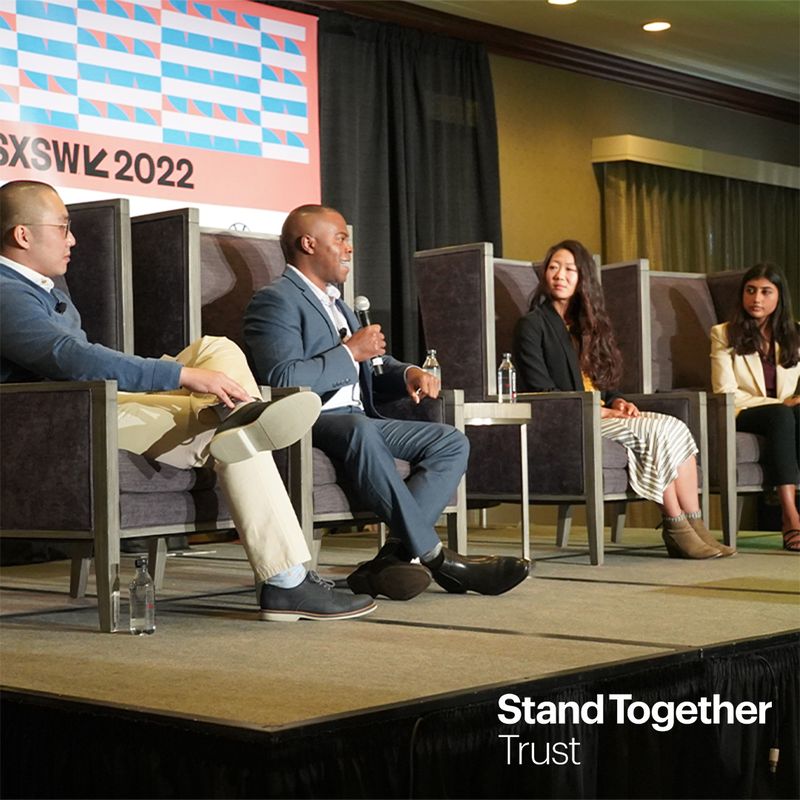 SXSW 2022 criminal-justice panel on stage, finished with the Stand Together Trust lockup