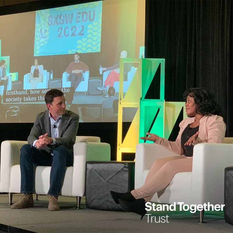 SXSW EDU 2022 panel on stage, finished with the Stand Together Trust lockup