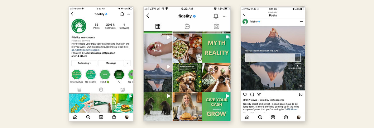 Fidelity's Instagram profile, grid and a #FidGoals post, September 2021